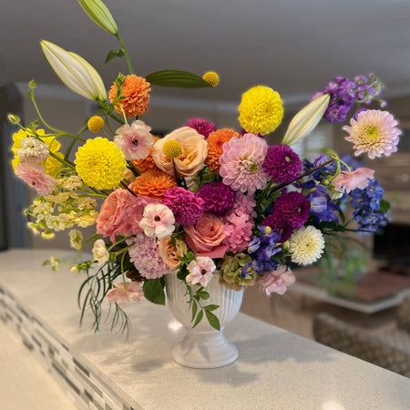 Designer's Choice Premium Best Flowers Best Florist Bright Colorful Flower Arrangemenwhite t in urn For all Occasions Birthday Anniversary Love Romance Thank you Sympathy Congrats Get Well Baby ArrivalJust Because Roses Dahlias Butterfly Ranunculus lily