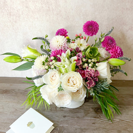 Leonora All Occasion Birthday Congrats Anniversary Baby Arrival Love Romance Mother's day Thank you Just Because Garden Roses Dahlia Oriental Rose Lilies Hypericum Succulents