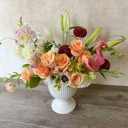 Margaret All Occasion Flower Arrangement Birthday Sympathy Love Romance Anniversary Congrats Get Well Thank you Baby Arrival Just Because Rose Lily Calla Lily Anemone Butterfly Ranunculus Dahlia Brushing Bride Protea 