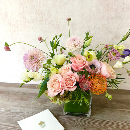 Mia All Occasion Flower Arrangement Garden Rose Anemone Dahlia Gomphrena Lisianthus Butterfly Ranunculus Pin Cushion Freesia