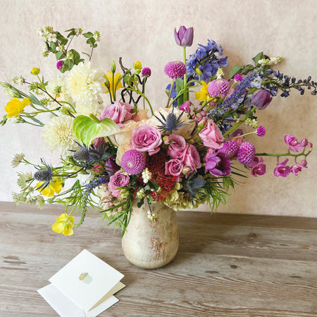 Violet Flower Arrangement All Occasions Birthday Anniversary Sympathy Love Romance Thank you Get Well Just Because dahlia orchid tulips Delphinium butterfly ranunculus Anthurium in rustic vase Local Flower Delivery by best local florist best flowers
