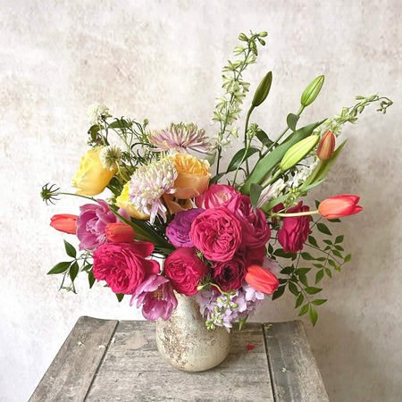 Melody Red Garden Roses Lilies Orange Tulip Flower Arrangement