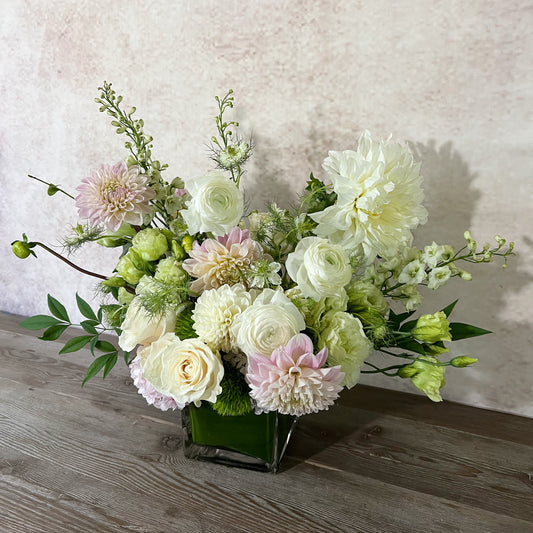 Claire White Pink Light Green Rose Dahlia Ranunculus Lisianthus Delphinium Sympathy Birthday Congratulations Get Well Love Anniversary Thank you Just Because Local Flower Delivery by Best Local Florist Best Flowers by NaRae Flowers